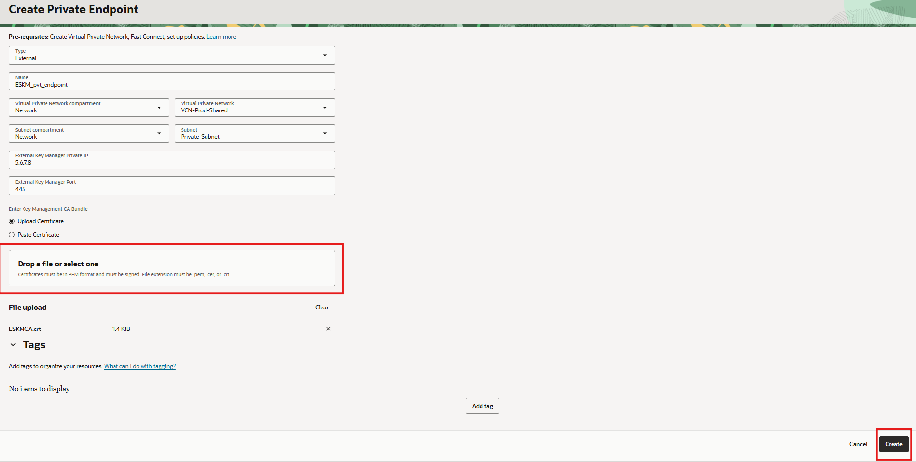 Create Private Endpoint parameters