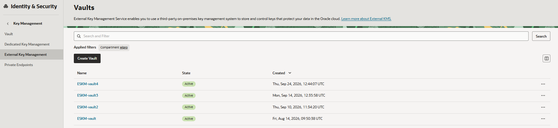 External Key Management Vault activated